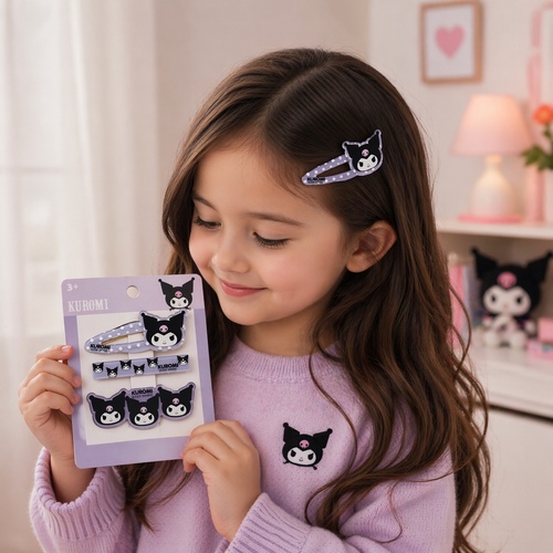 2S50866 Kuromi hairclip - Sanrio Kuromi branded hair clips featuring purple and white polka dot designs and the character's face. 3+ages