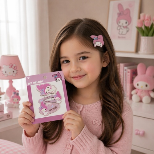 2S50868 MyMelody Hairclip - Sanrio My Melody hair clip set features pink character designs and is designed for ages 3 and up.