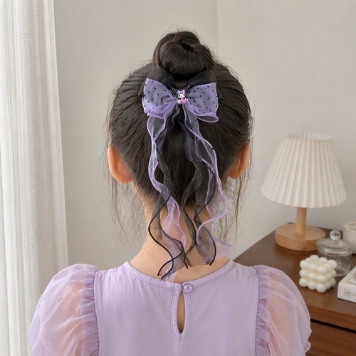 2S50853Kuromi Bow Hairclip - a Sanrio Kuromi themed long ribbon hair clip featuring a black and purple polka dot design.ages 3yrs old and above.