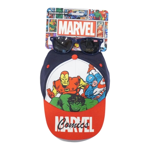 51886 Marvel Cap &Sunglasses - Marvel Avengers cap and sunglasses set is a branded children's accessory featuring iconic superheroes like Iron Man, Captain America, and the Hulk. This is suitable for children 3years old and above.