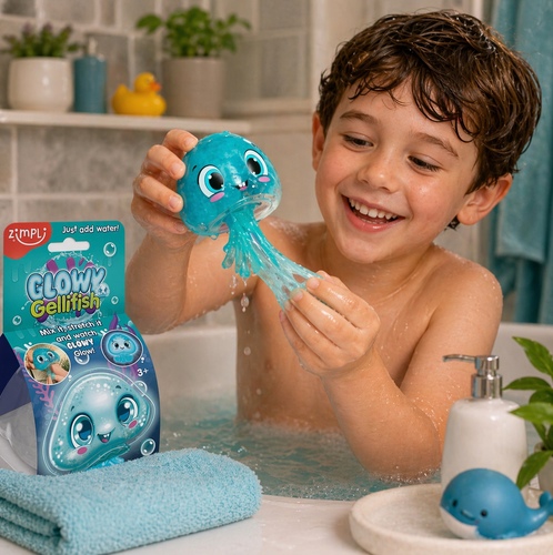 Glowy Gellifish-7071 - A child happily plays with a stretchy jellyfish toy in the bathtub, enjoying how it stretches and flows in a fun, playful setting.