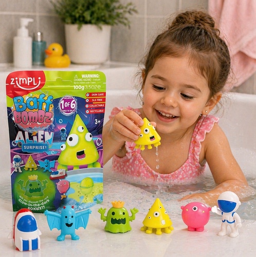 Baff Bombs -7096 - A fun bath toy featuring a fizzing bath bomb that reveals a surprise alien figure when dissolved in water. Skin-safe and designed to add color and excitement to bath time. Suitable for children aged 3 years and above.