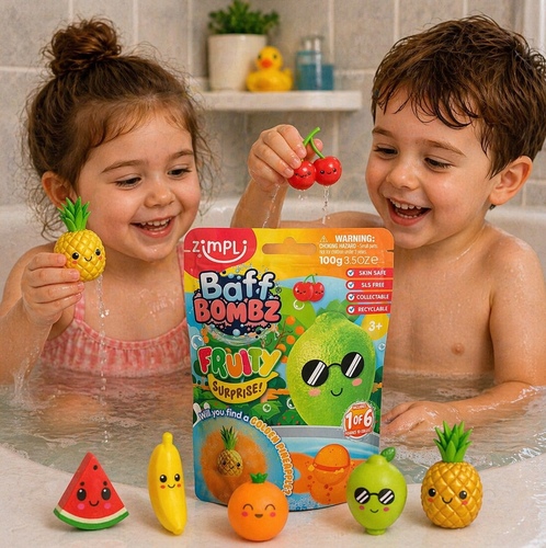 Baff Bombz fruity-7098 - A fun fruit-themed bath bomb that fizzes in water to reveal a cute collectible character. Adds color and excitement to bath time, skin-safe, and suitable for kids aged 3 years and above.