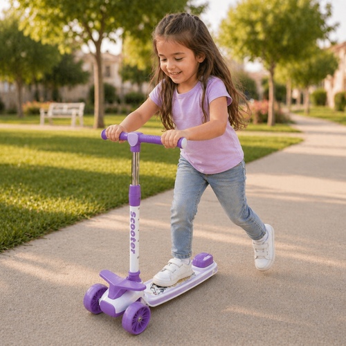 SS25 SCOOTER - a 3-wheel scooter designed for children, featuring purple handlebars and a light-colored deck with astronaut-themed graphics.&nbsp;: Equipped with LED light-up wheels for added visibility and fun.: Features adjustable handlebar heights to accommodate growing kids.Includes a full-wrap rear brake for braking.