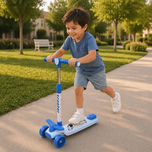 SS25 SCOOTER - a three-wheeled kick scooter designed for children, featuring blue and white colors and light-up wheels.&nbsp;&nbsp;3-wheel kick scooter suitable for ages 3 and above. Includes LED light-up wheels and built-in music/sound effects.&nbsp;: Adjustable handlebar height and foldable design for easy storage.