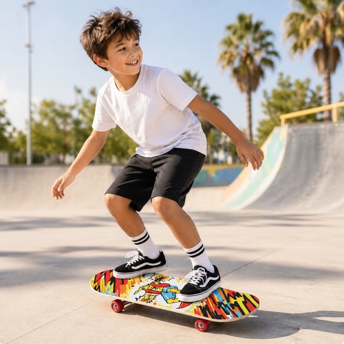 5402 SKATEBOARD - a children's wooden skateboard featuring a comic-style graphic on the deck. Double kick board design suited for beginners and kids. : Constructed from maple wood.