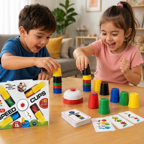 Speed Cups Board Game VA330316 - This item is the Speed Cups board game, designed for up to 6 players aged 4 and older.&nbsp;The fast-paced game challenges players to match and stack colored cups based on picture cards to win.