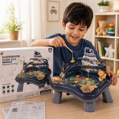 magnetic fihing 7729BB - 2-in-1 Magnetic Fishing Toy – Fun & Educational Playtime!&nbsp;

This interactive fishing game features a playful water base and a sliding track, allowing kids to catch colorful magnetic fish using the fishing rod. It helps improve hand-eye coordination, focus, and motor skills while keeping children entertained.