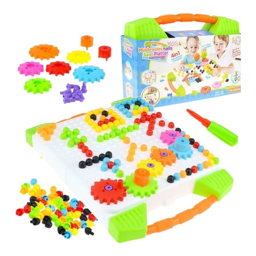 9945A Assembled Toy - The Mushrooms Nails Gear Platter 4-in-1 Twisting Mosaic is a creative set with a screwdriver designed for the youngest DIY enthusiasts. All accessories are housed in a convenient carrying case with a handle. Assemble the 3D puzzle in the case. Open the case and let your child create their own 3D structure.3+ages