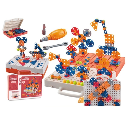 9945A Assembled Toys - a 3D Screw Puzzle Box.&nbsp;It is a STEM (Science, Technology, Engineering, Mathematics) educational construction kit designed to develop problem-solving skills and spatial reasoning in children.&nbsp;The set includes 261 pieces, featuring plates, screws, and tools like screwdrivers for building both 2D and 3D structures.&nbsp;The components come in a suitcase-style storage box for easy cleanup and portability. 3+AGES