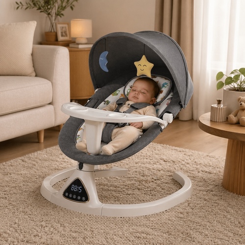 4549Baby Swing Rocker - a multifunctional intelligent electric baby swing rocker is automatic side-to-side swaying motion with multiple speed levels.&nbsp;&nbsp;Bluetooth connectivity for music streaming and a digital control panel.&nbsp;Includes a canopy with hanging toys, a safety belt, and a detachable snack tray.&nbsp;&nbsp;Designed to soothe newborns and infants, often suitable from birth up to around 3 years old.