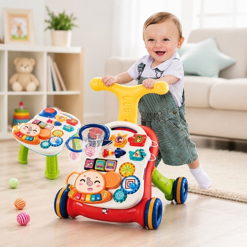 N6038 Musical & Stroller - 2-in-1 Baby Walker and Activity Table.Functionality: Designed as both a musical baby walker for early steps and a detached educational activity table.&nbsp;: Includes a multifunctional playset with sound effects, gears, and a small basketball hoop (