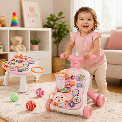 N6038 Musical & Stroller - 2-in-1 Baby Walker and Activity Table.Functionality: Designed as both a musical baby walker for early steps and a detached educational activity table.&nbsp;Features: Includes a multifunctional playset with sound effects, gears, and a small basketball hoop (
