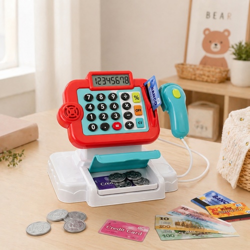 66103Cash Register - Give Your Child An Atmosphere of Fun To Spend The Most Beautiful And Sweetest Times, Improves Your Child’s Mathematical Intelligence.Cash RegisterScannerMoneyCredit CardOther AccessoriesBattery Required Battery Not Included 3+ages