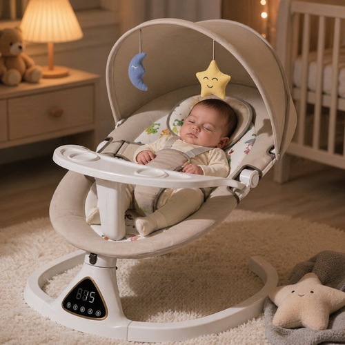 4549Baby Swing Rocker - a multifunctional intelligent electric baby swing rocker is&nbsp;Automatic side-to-side swaying motion with multiple speed levels.&nbsp; Bluetooth connectivity for music streaming and a digital control panel.&nbsp; : Includes a canopy with hanging toys, a safety belt, and a detachable snack tray.&nbsp; &nbsp;Designed to soothe newborns and infants, often suitable from birth up to around 3 years old.
