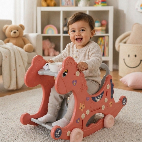 VS2669 Rocking Horse - a 3-in-1 children's rocker chair, such as the Baby Love 3-in-1 Rocker Chair.&nbsp;: It functions as a rocking horse, a cart, and a chair.: Includes wheels for riding and a dining tray.: Made from durable, food-grade plastic.Dimensions: Approximately 72 cm in length and 51 cm in width.suitable for 6month and older