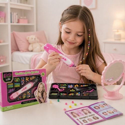 XW155-8 FASHION HairBreader - This set includes a hair beading tool along with a variety of assorted beads and styling accessories, allowing different pattern combinations and personalized looks. With its simple and easy to use design, the beader tool helps attach beads neatly onto hair strands, making styling both fun and convenient. The bright and vibrant bead assortment adds a playful touch to hairstyles, encouraging creativity and self expression. Ideal for playtime, parties or fun styling sessions, this fashion hair beader kit offers an enjoyable hands on activity. Suitable for children aged 5 years and above