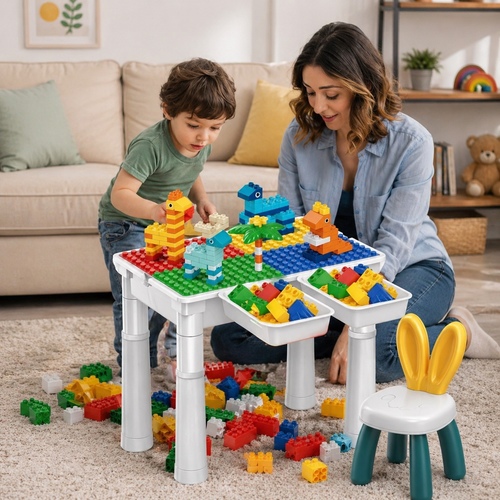VS2637 Blocks Table - The Kids Care Animal Blocks Table (102 pieces) is a multifunctional educational table designed to develop children's skills through interactive play and building. It features a reversible surface that can be easily transformed into a block table, drawing table, dining table, or even a water and sand play table thanks to its leak-proof design. It offers a large storage space under the tabletop and side storage bins that help children organize their toys. The set includes 102 colorful animal building blocks that enhance creativity, fine motor skills, and spatial thinking. The table height is adjustable to suit children aged 3 to 10 years old.