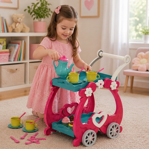 VS2485 Afternoon Tea Cart - The Mega Creative Afternoon Tea Trolley.&nbsp;: Children's pretend play tea set trolley.&nbsp;: The box indicates the set includes 18 pieces, featuring a serving cart, tea cups, saucers, and a teapot.&nbsp;: It is designed to encourage creative role-play and social development in children.