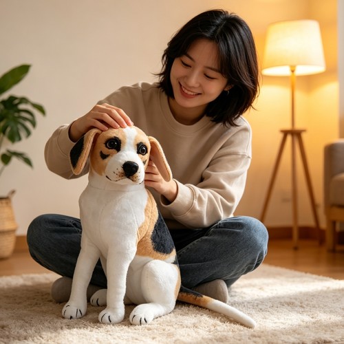 VWY1208 STUFFED TOY - a stuffed plush toy designed to look like a sitting Beagle dog.&nbsp;Material: Made from soft plush fabric filled with materials like PP cotton for a cuddly feel.&nbsp;Design: Features realistic details such as floppy ears and a tricolor (brown, white, black) coat typical of the Beagle breed.&nbsp;Use: Suitable as a decorative item for homes or cars, a photographic prop, or a toy for children.