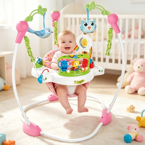 88612 Baby Jumper - A TiiBaby pink baby jumper with music and lights. : Designed for babies who can hold their head up but are not yet mobile, generally with a maximum weight of 11.3 kg (25 lbs).Safety : Includes a sturdy, free-standing steel frame and soft spring covers to protect fingers. : Designed to strengthen leg muscles and encourage sensory stimulation through interactive toys, lights, and sounds
