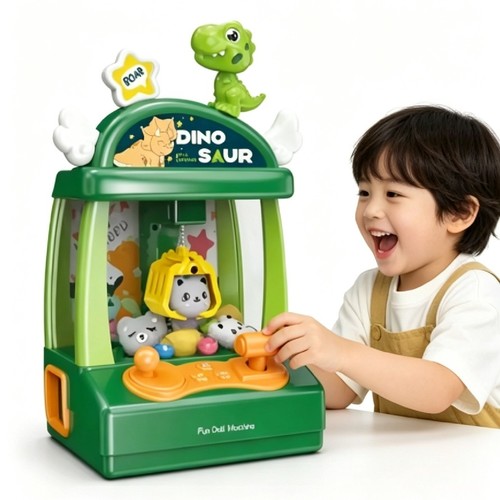1005D  CLAW MACHINE - mini dinosaur-themed claw machine toy designed for home arcade-style play.&nbsp;: Includes a sensitive claw operated by joysticks for 360° movement, often accompanied by music and sound effects.&nbsp;: Usually powered by batteries to grab small dolls, capsules, or candy.&nbsp;: Typically constructed from durable ABS plastic with a green dinosaur theme.&nbsp; Suitable 3+ ages and above.