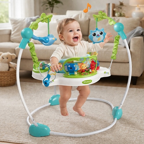 88605 Baby Jumper - a Tiibaby Baby Jumper with Music & Lights.This jumper features a 360-degree rotating seat for full play access and 3 position height adjustments.It includes interactive toy trays with lights, sounds, and music that reward baby's jumping.The sturdy, free-standing steel frame does not require a doorway.It is designed for babies who can support their head, with a maximum weight capacity of 11.3kg (25lbs).