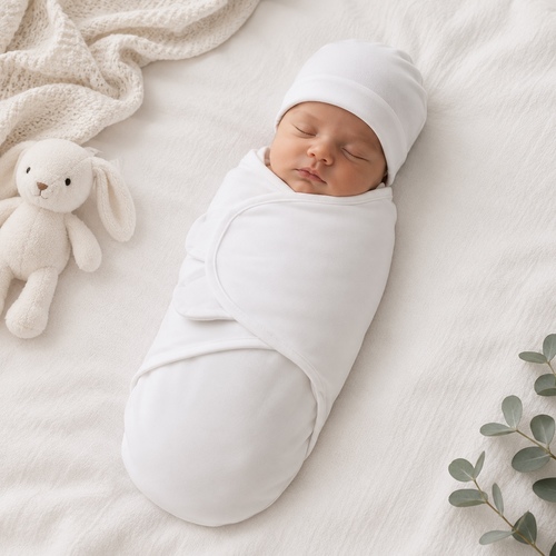 Bb09-White Swaddle and Cap