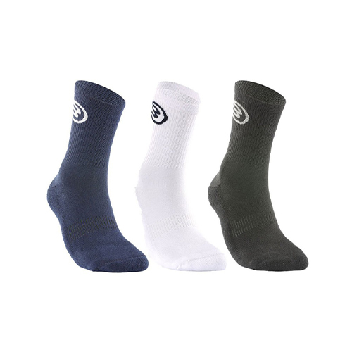 Bullpadel 23 BP2309 Multicolor Socks (X3) - Size Equivalence ( Medium : 38/41, Large : 42/44) Colors Available : Black, White, Navy Blue The Bullpadel BP-2309 pack of socks contains a white, blue and black pair. Very breathable, comfortable and versatile socks. Composition: 80% cotton | 15% polyamide | 3% spandex | 2% elastodiene