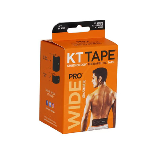 KT Pro Wide Precut Black Tape - KT PRO WIDE-BK-2m50 (814179022233) • Ultra durable, double-wide strips are great for targeting larger muscle groups and lower back pain*
• Flexible support to maintain full range of motion
• Remains on skin through sweat and moisture
• Comfortable to wear for up to 7 days
• Check out our TAPEMAN™ and TAPEWOMAN™ figures to see some of the most common target areas that are a great fit for KT Tape use 10 Strips / 4in x 10 in