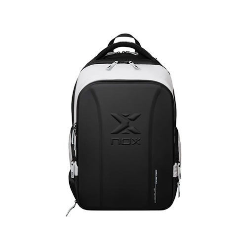 Padel Store - Nox Luxury Master Series Black & White Backpack - FEATURES:Main compartment #1 for paddle or computer. It has a rigid outer surface for maximum protection. Versatile storage: Main compartment #2 for 2 paddle rackets, equipment, ball can and accessories. Separate compartment in the front for shoes with ventilation system. Perfect organization: Front compartments for cell phone, glasses, wallet, etc., and side compartment for keys, club card, bottle, etc. Superior comfort: Ergonomic padded straps and back with textile that optimizes grip and air circulation.Dimensions: 500 x 330 x 200 mm Capacity: 30 liters. The NOX LUXURY MASTER backpack is the perfect choice for players looking for style, functionality and the best quality in a padel backpack. Elevate your game with NOX!Ref: MOCLUXMASTER