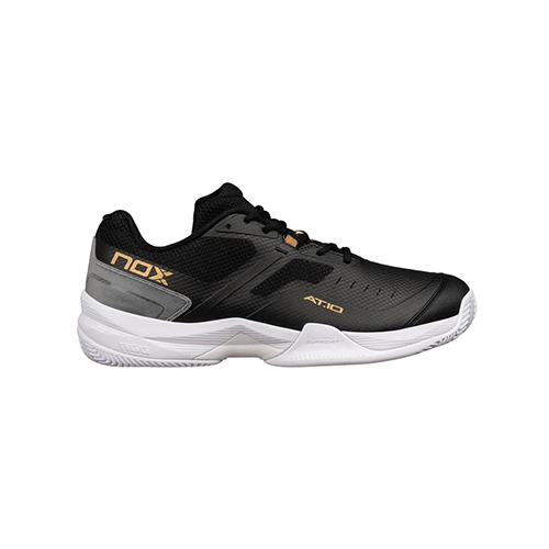 Padel Store - Nox AT10 Pro Black Gold Shoes - Chosen by the Professionals: The Nox AT10 PRO 2024 are the favorite shoes of Premier Padel's number 1 player, Agustin Tapia. He relies on them for both training and official matches, ensuring optimum performance and maximum comfort at all times. CALAT10BLGO