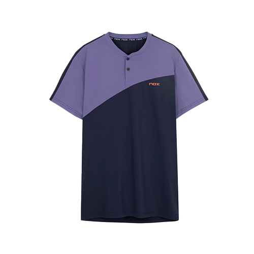 Nox Polo Pro Naval Blue T-Shirt - Nox technical padel sports polo shirt with short sleeves and standard cut. In navy blue and contrasting dark lilac, porcelain pink logo and reflective detail on the back. Incorporates NOX's lightweight fabric with 