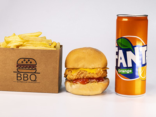 Beef kids meal - A piece of meat with special seasoning in a bread with lettuce, ketchup, mayonnaise, cheese with French fries, and cola.