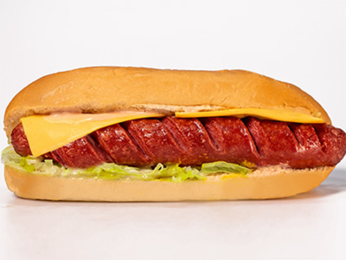 Classic Hot Dog Sandwich - Hot dog pieces in French bread with lettuce, cheese and special sauce