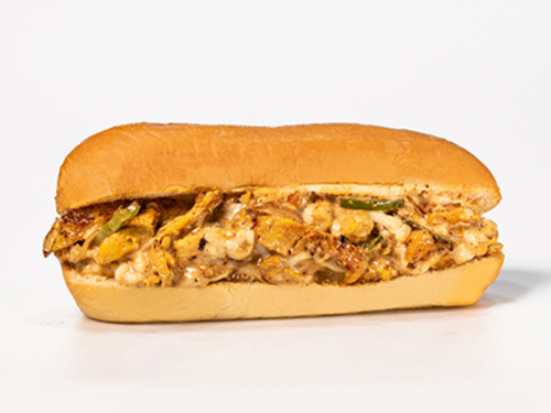 Francisco Chicken Sandwich - Specially seasoned chicken pieces in French bread with onions, peppers, mozzarella cheese and special sauce