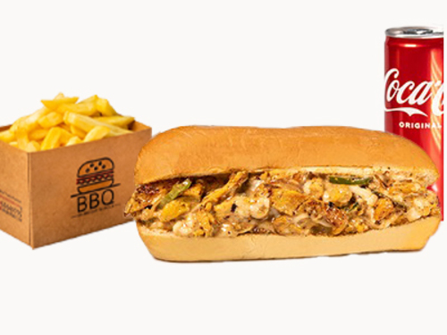 Francisco Chicken Meal - Chicken pieces with special seasoning in French bread with onions, peppers, mozzarella cheese, special sauce with french fries, cola.