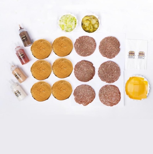 Flat Burger Box - Box contents * Contains 12 flat burgers with special seasoning. * In addition to: samoon - cheese - lettuce - tomatoes - onions. * 4 types of sauces, in addition to pickles.