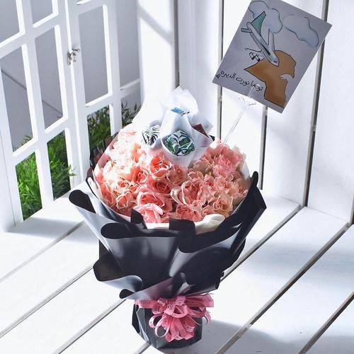 BOUQUET WITH CHOCOLATE - Baby Roses with 6 pieces of chocolate  Please note flowers are seasonal and we change the flower depending on the availability of the stocks.