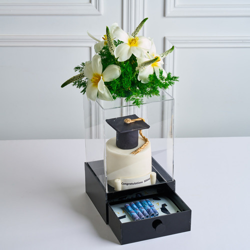 GR09 - mix of flowers with a cake in acrylic box with a  sound recorder card