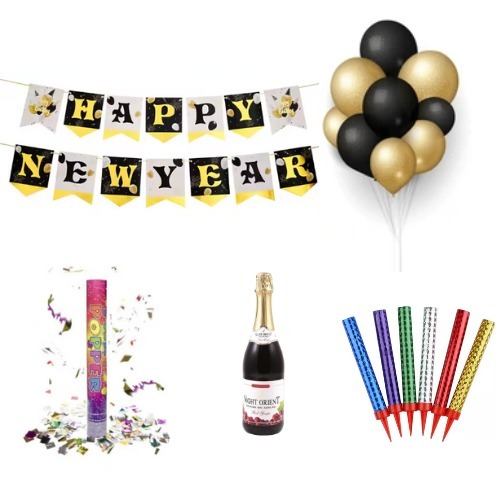 Golden New Year's Eve Show - Happy New Year Wall Decoration 10 Balloons Mix Gold Black Grape Juice Sparkling Party Popper