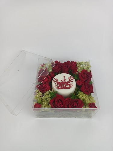 NEW YEAR 011 - The Acrylic box contains flowers and cake