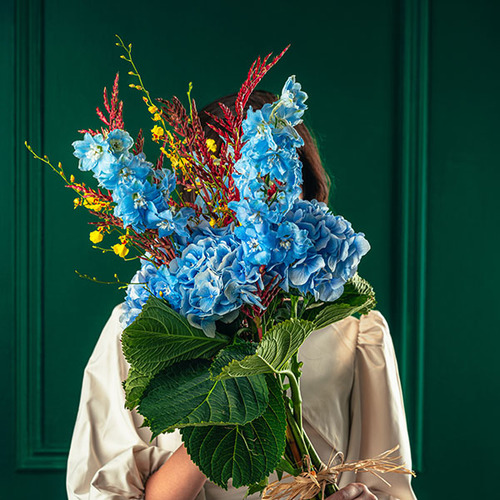 Baby Blue - Hand tied bouquet of blue hydrangeas, blue delphinium, dancing lady,  and bromelia. H 60 cm x W 30 cm