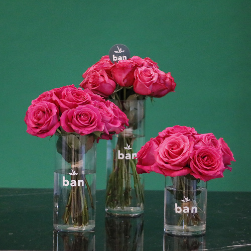 Pink Roses Trio - 3 pink roses bouquets in 3 cylinder glass vases. H 40 x W 20 cm,