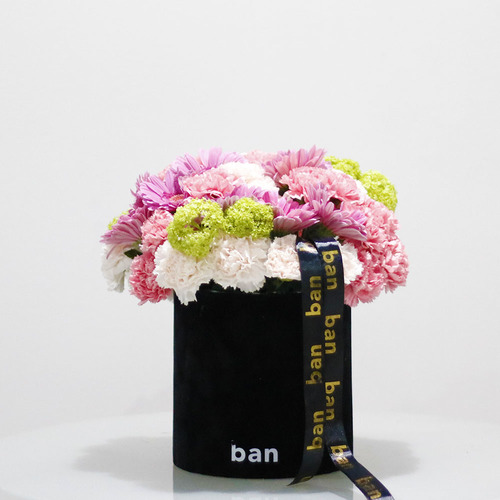 Ban Flowers - كاميليا - علبة أسطوانية مخملية سوداء مليئة بظلال الجربيرا الوردية، القرنفل وباقة كرة الثلج. الارتفاع 35 × العرض 35 سم.