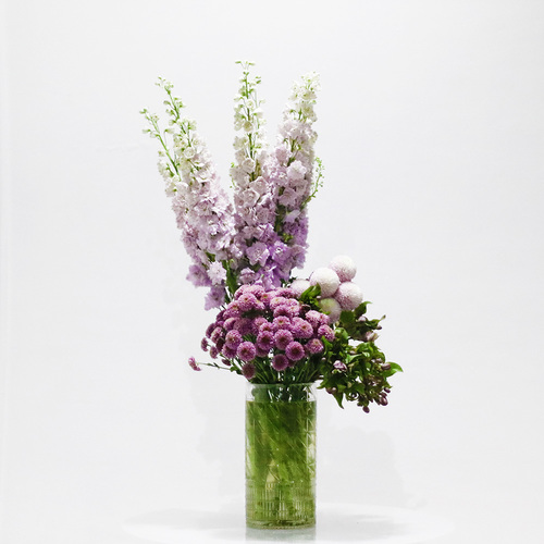 Bloom - Lavender delphiniums chrysanthemums and helleborus flower bouquet in  a cylinder glass vase. H 85 x W 40 cm.