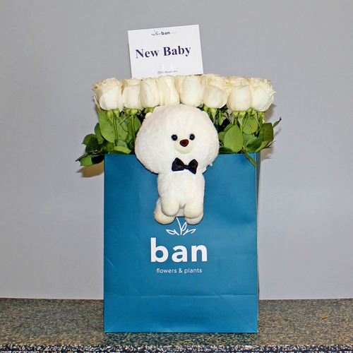 Bag of White Roses - Bag filled with white roses with toy.