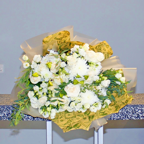 Thinking of You - White bouquet of roses, lilium, chrysanthemums and lisianthus with touch eucalyptus leaves.