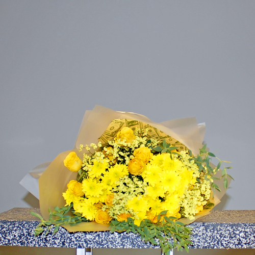 Sunshine - Hand tied bouquet of roses, carnation, chrysanthemums with eucalyptus leaves.