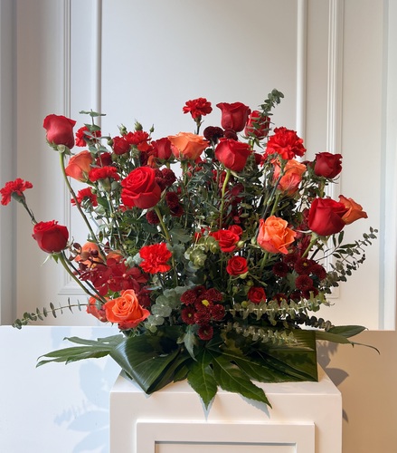 Red Radiance Arrangement - This vibrant red arrangement, bursting with lush blooms and rich hues, makes for an exquisite gift that adds a touch of elegance to any special occasion.